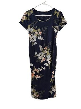 Isabel Maternity Medium Navy Floral Ruched Stretch Midi Dress